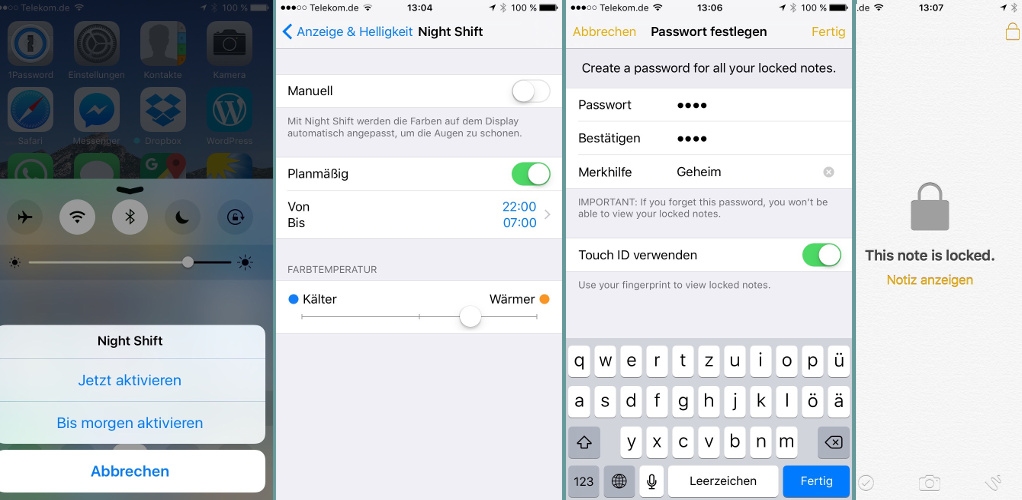 iOS 9.3 Nachtmodus passwortgeschützte Notizen