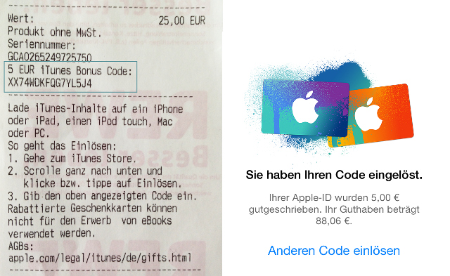 Rewe iTunes Bon-Code auf dem Kassenbon - iTunes Guthabenkarten