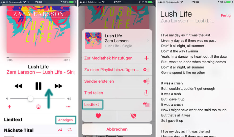 Liedtexte in der Musik App