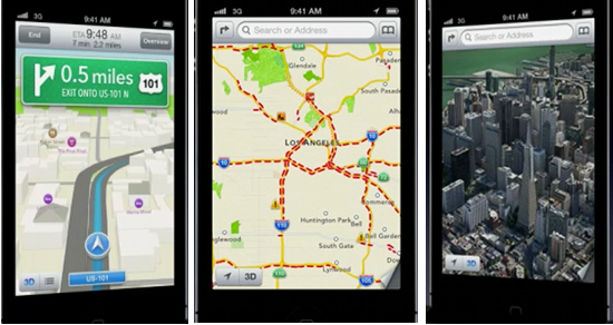 Navigation, Verkehrsinformationen, Flyover 3D-Ansicht einer Stadt in Maps (c) Apple