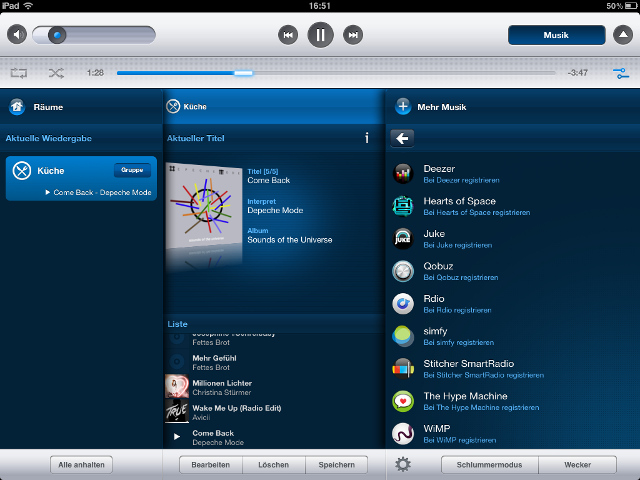 Sonos App auf dem iPad mit Auswahl an Musikdiensten